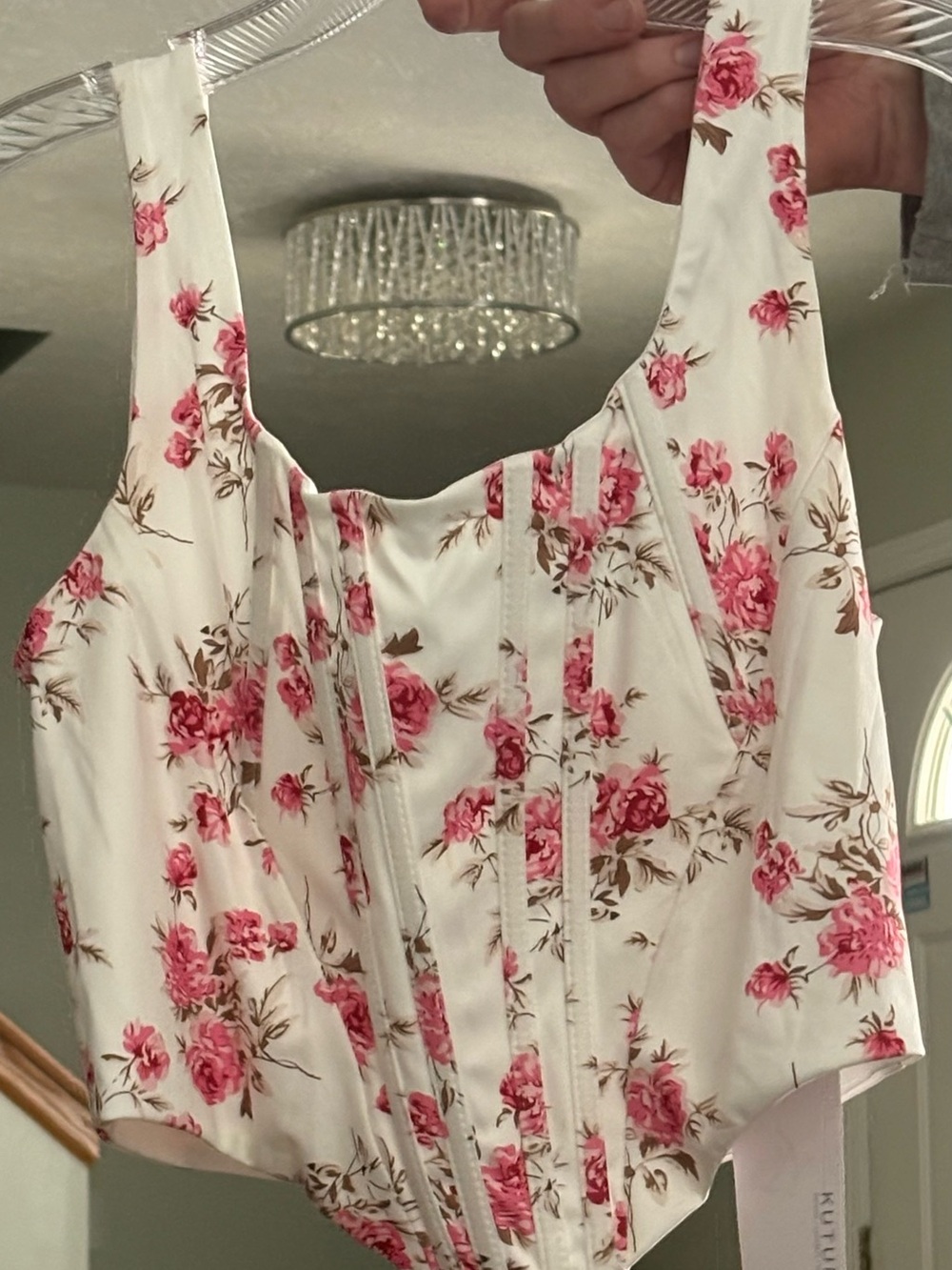 Floral Corset Tank Top - Pink Floral on Cream